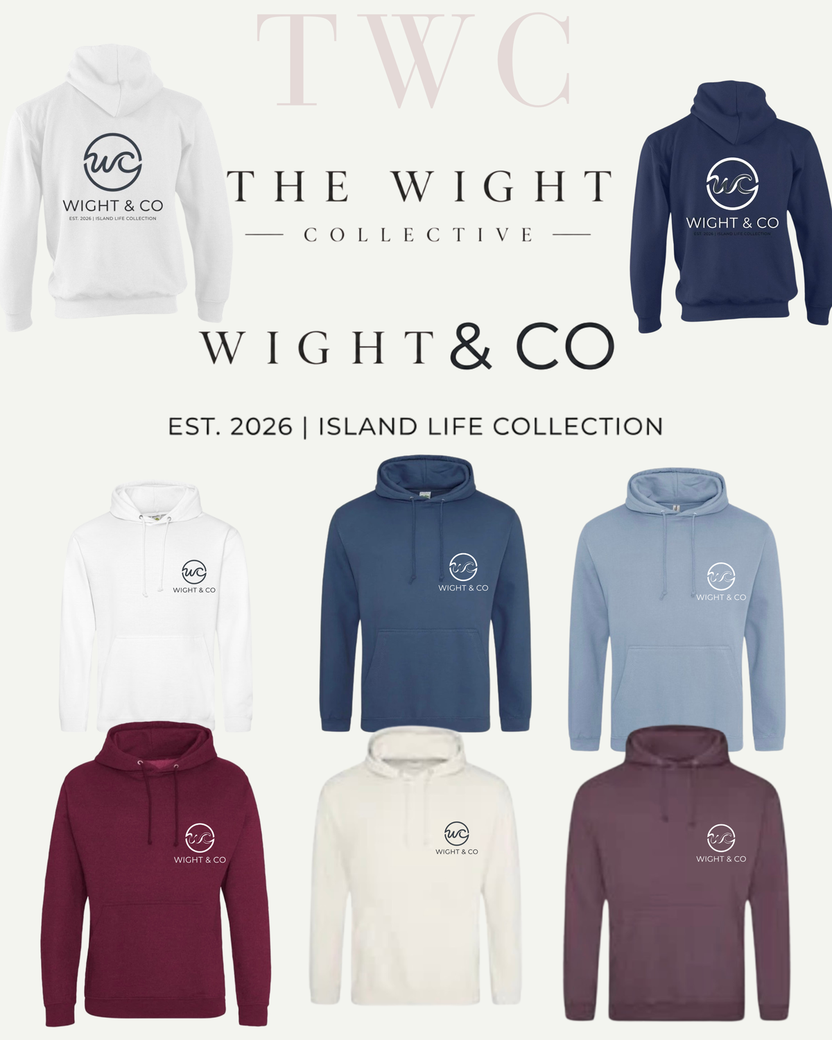 Wight & Co Island Life Collection — hoodies in white, navy, light blue, maroon, natural and brown